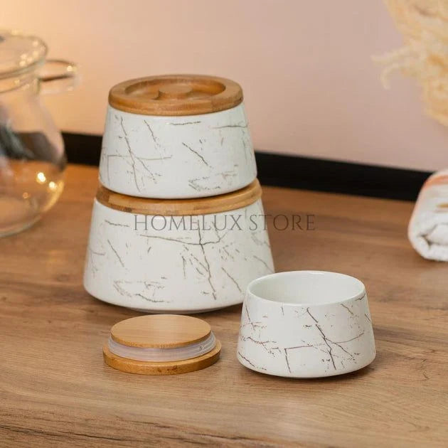 Ceramic Jar Set with Bamboo Lids – 3 Pcs