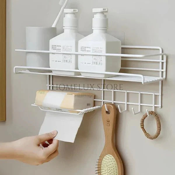 Bathroom Storage Shelf With Hooks & Soap Dish