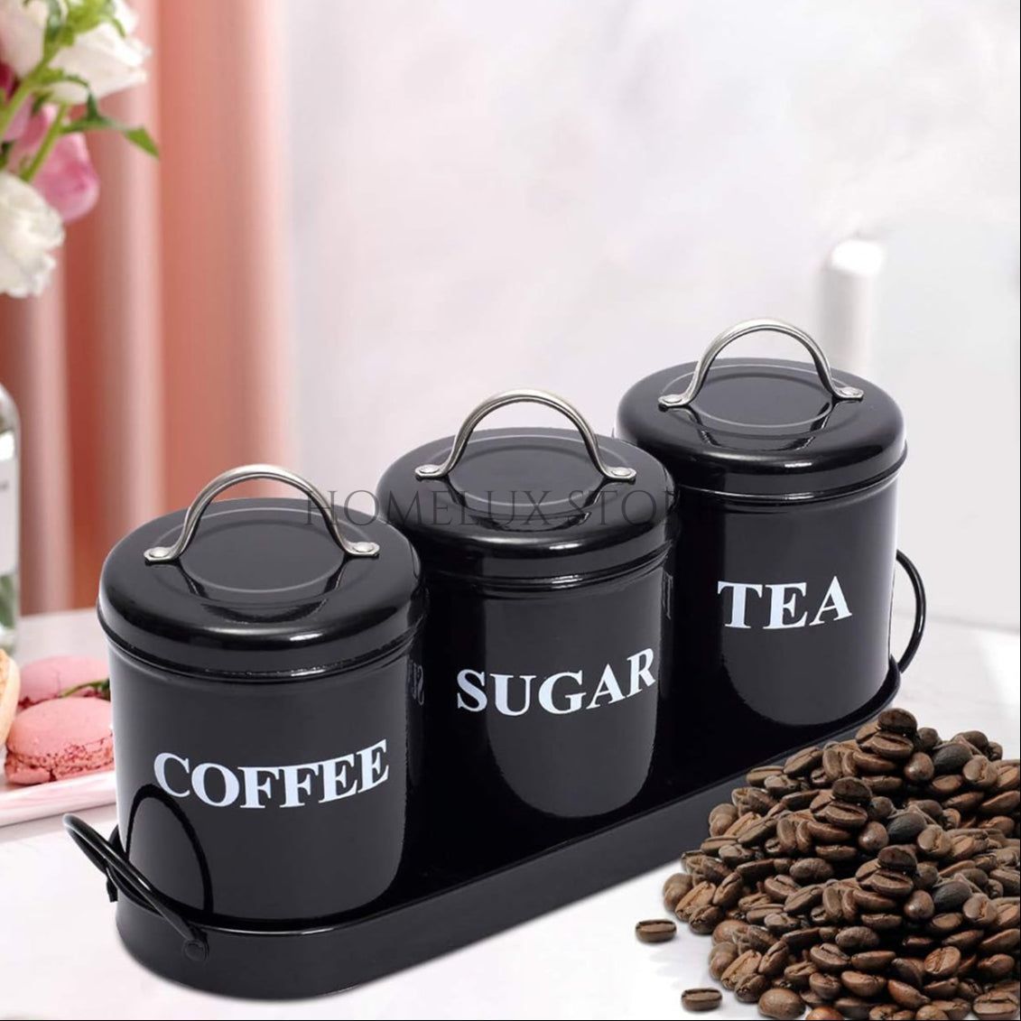 Vintage Retro Metal Jar Set With Tray