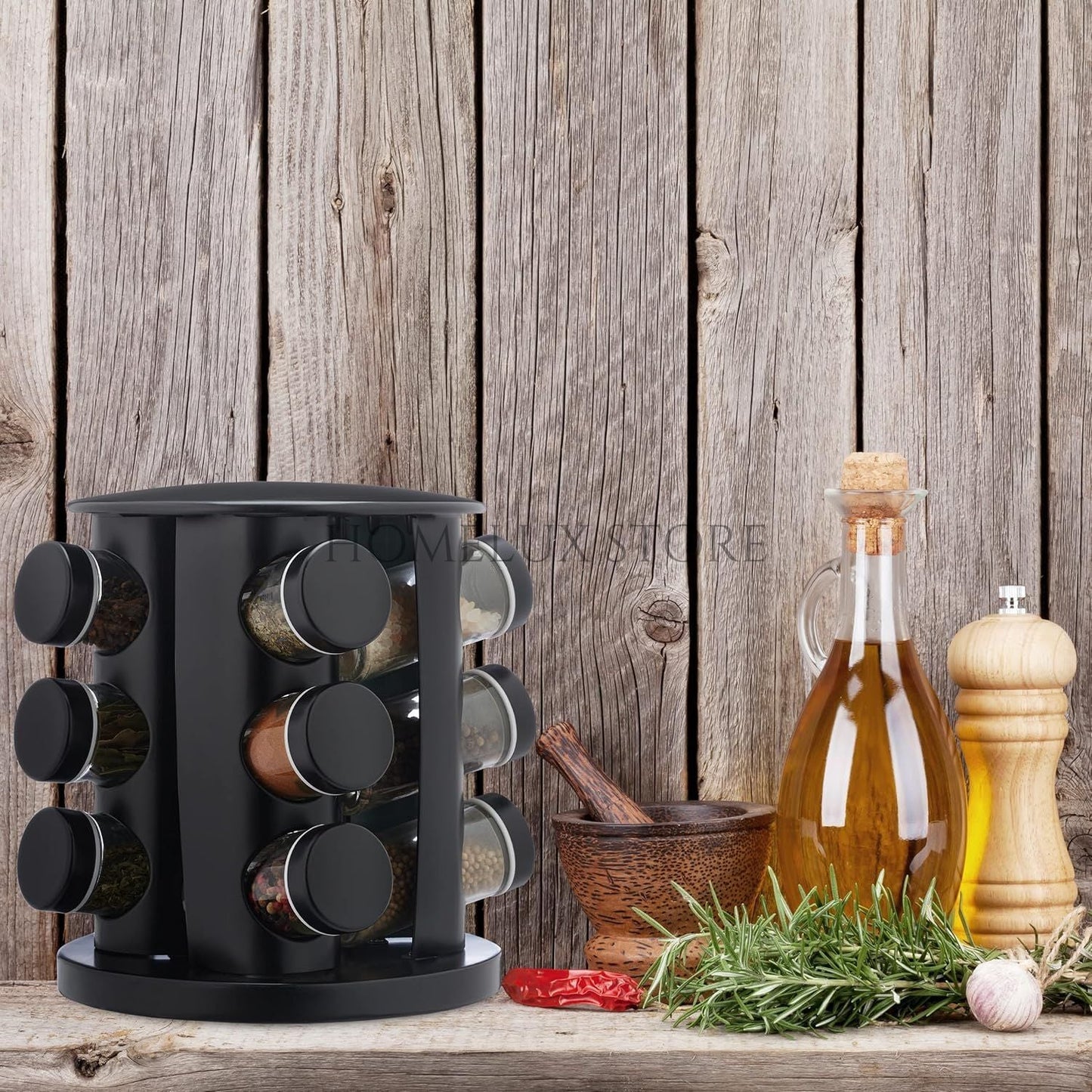 12 Pcs Revolving Spice Rack - Black