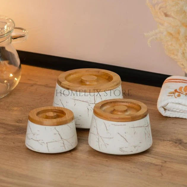Ceramic Jar Set with Bamboo Lids – 3 Pcs