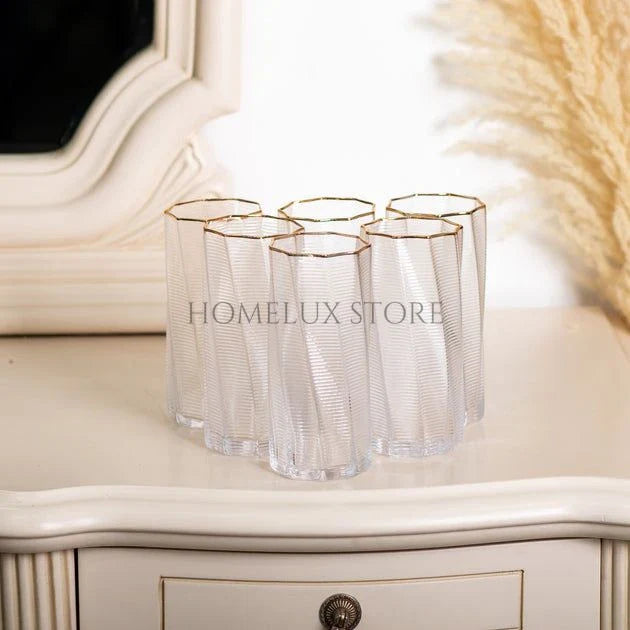 Russian Gold Rim Ribbed Wave Glass Set